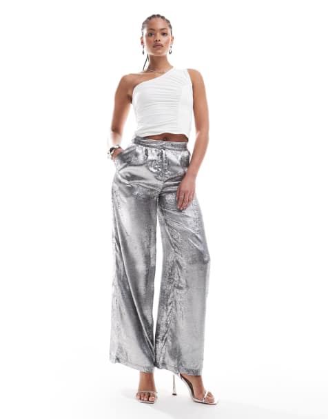 ONLY Tall loose fit all over foil trousers in gunmetal
