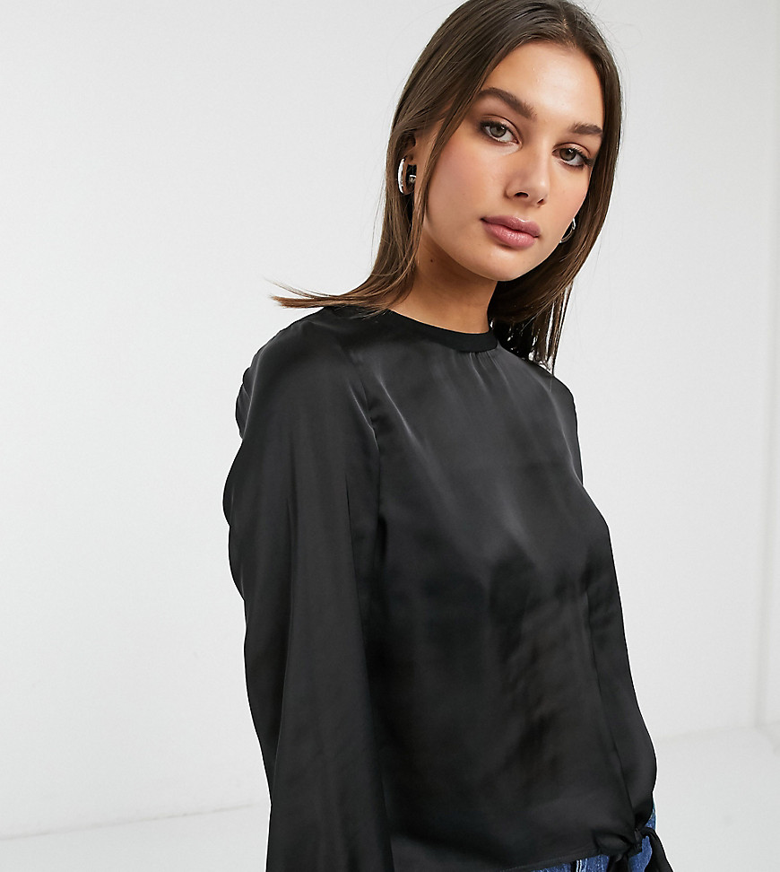 Only Tall - Mia - Satijnen blouse met lange mouwen en strik aan de voorkant-Zwart