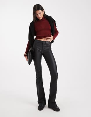 Only Tall ONLY Tall mid waist coated flared trousers in black