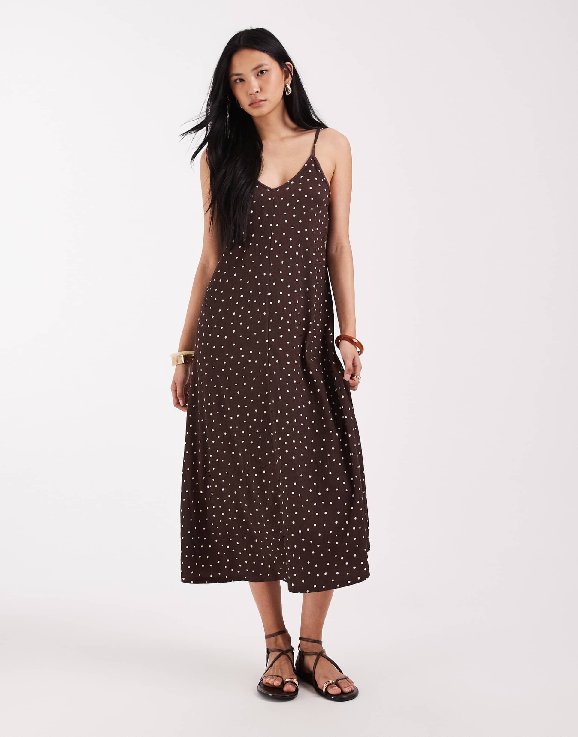 only tall midi dress in brown polka dots