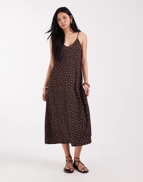 ONLY Tall midi dress in brown polka dots
