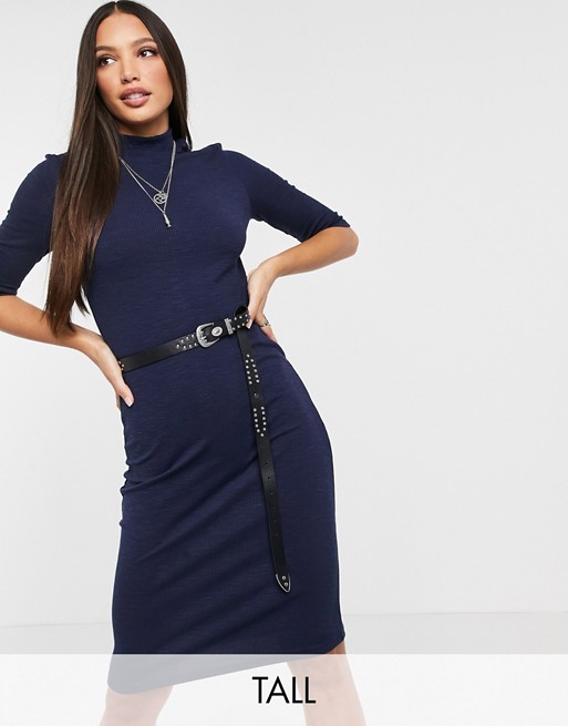 Only Tall midi dress with high neck and 3/4 length sleeves in blue