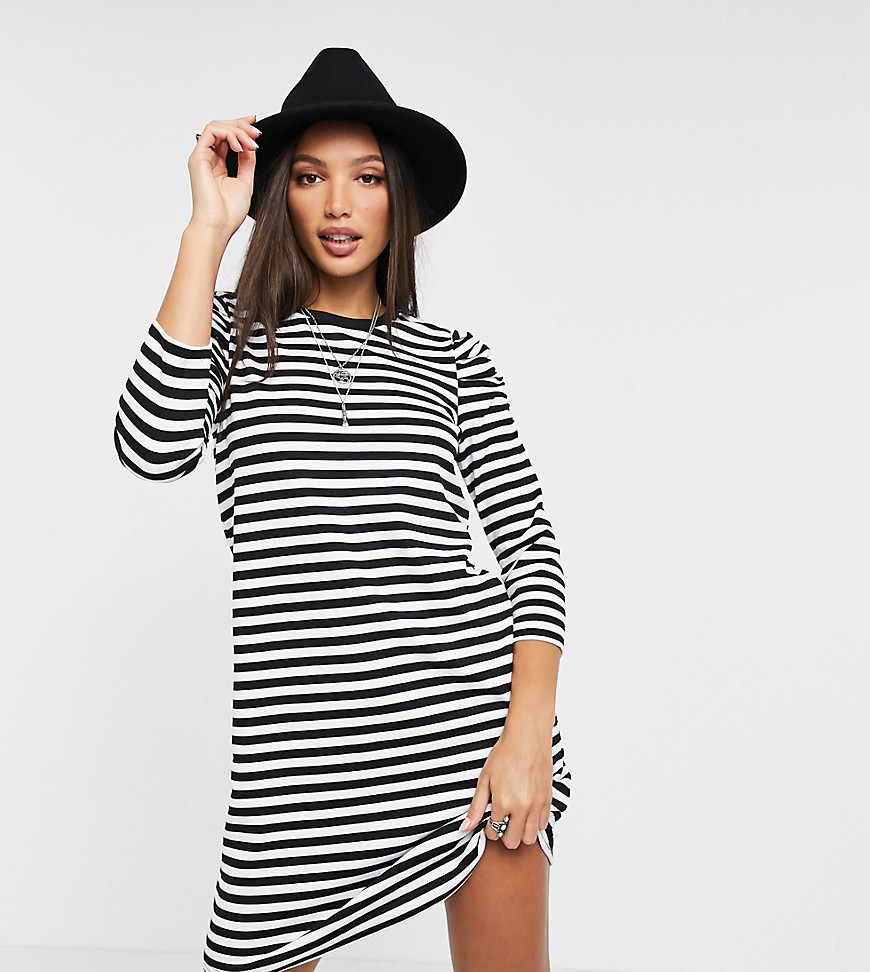 Only Tall mini tshirt dress with puff sleeve in black stripe
