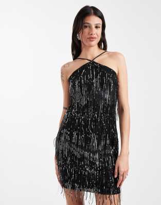 ONLY Tall - Neckholder-Minikleid in Schwarz mit Paillettenfransen