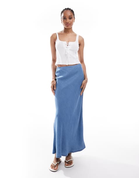 ONLY Tall chambray maxi skirt in mid blue