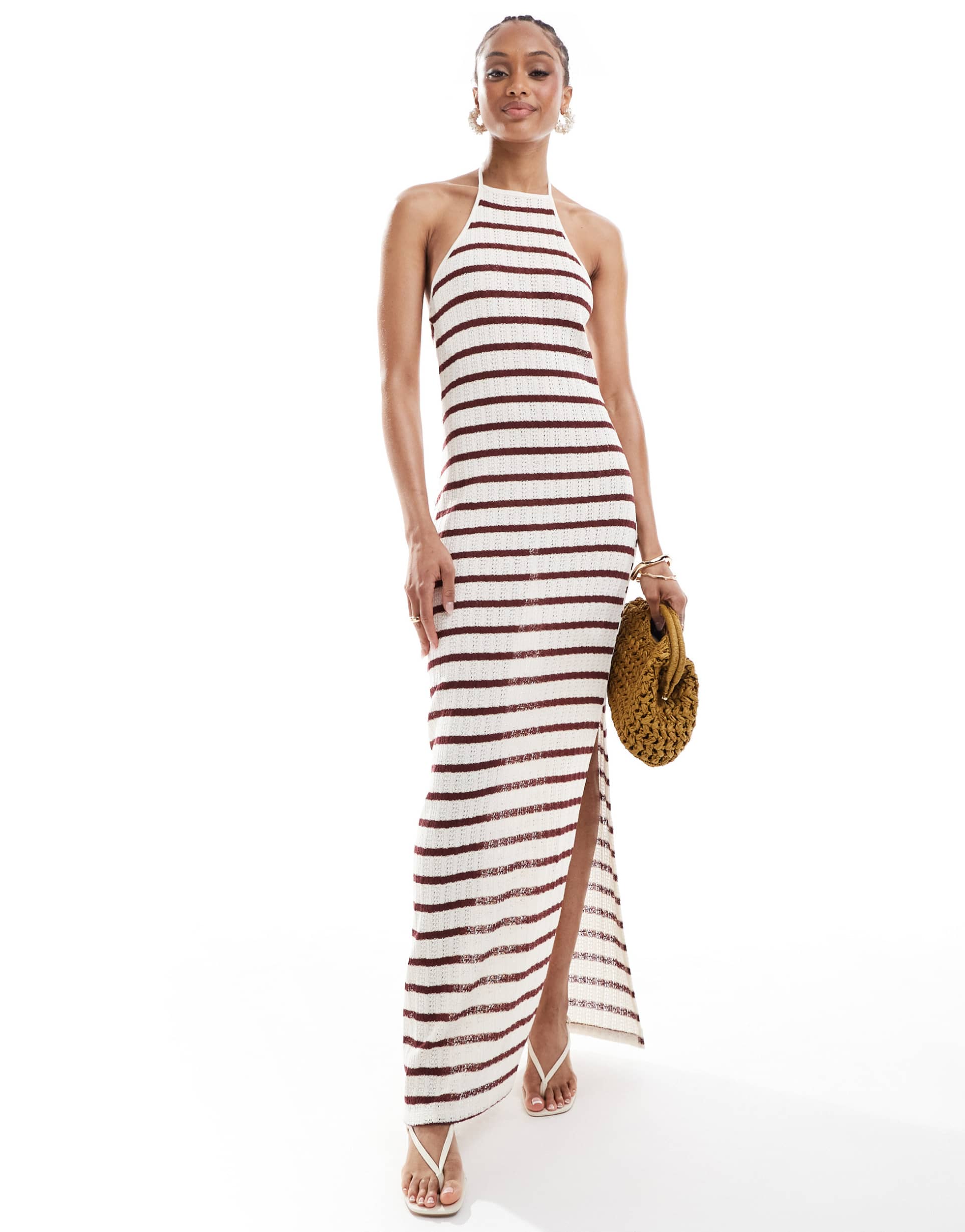 only tall open knit maxi dress with contrast trim in red stripes