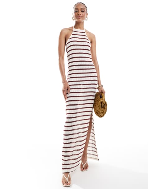 ONLY Tall - Opengebreide gestreepte maxi jurk met contrasterende bies in rood - view 1