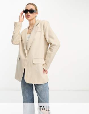 Beige Oversized Long Blazer With Leopard Lining