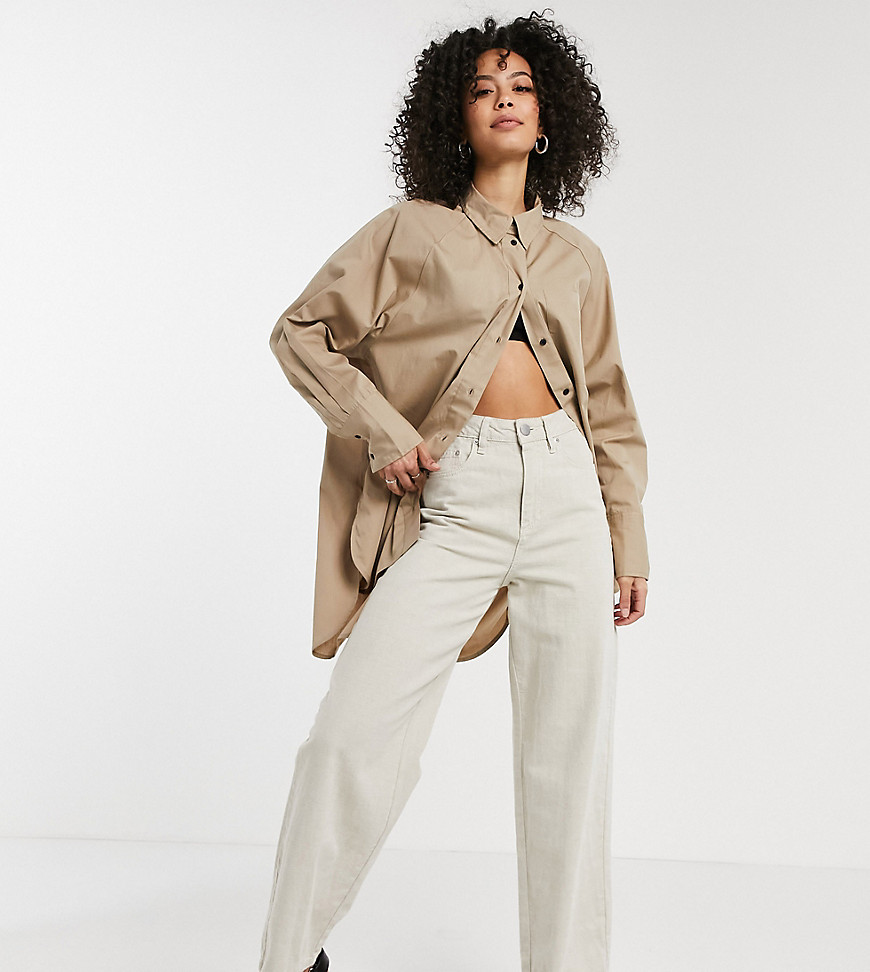 Only Tall oversized longline shirt with dipped hem in beige-Brown