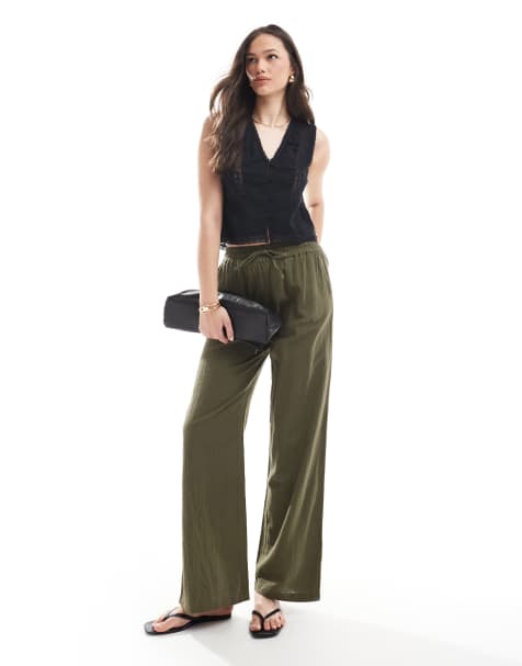 ONLY Tall - Pantalon large aspect lin - Kaki - view 1