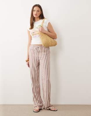 Pantalon rayé en lin mélangé avec liens noués à la taille - Beige et rouge 36