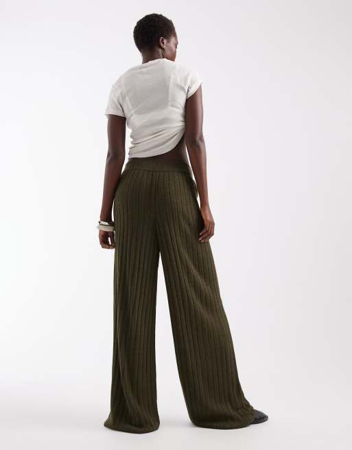 ONLY Tall pantalones de punto de pernera ancha en verde oscuro, 4 de 5