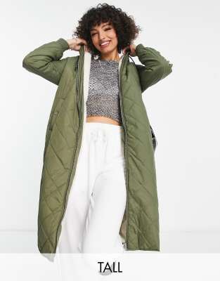 Only Tall Quilted Longline Coat With Teddy Hood In Khaki-green