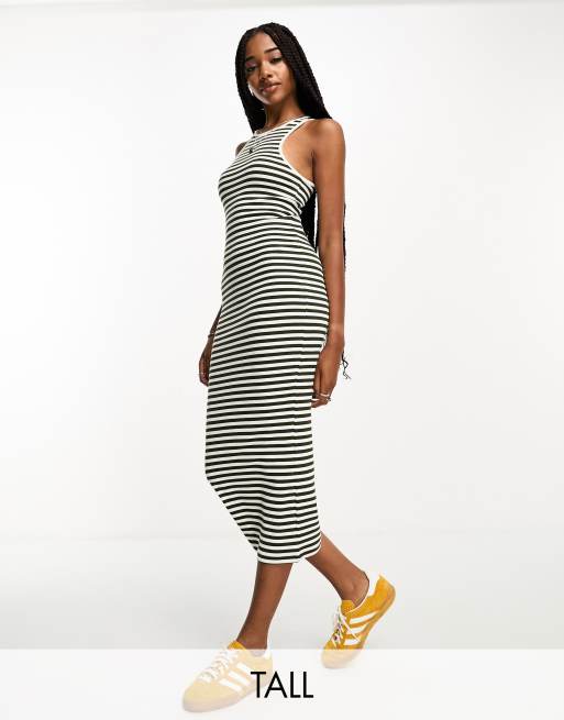 Only Tall racer neck midi dress in khaki and white stripe