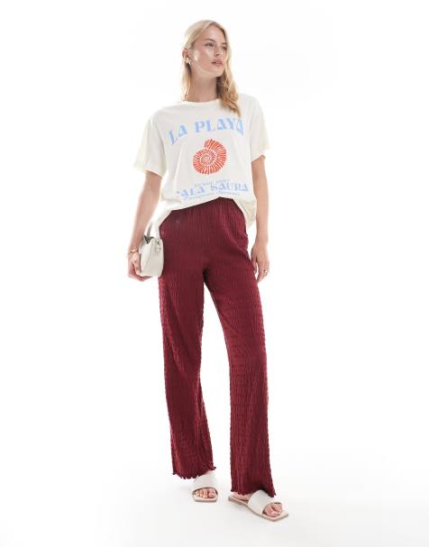 ONLY Tall relaxed fit shirred trousers in burgundy - view 1