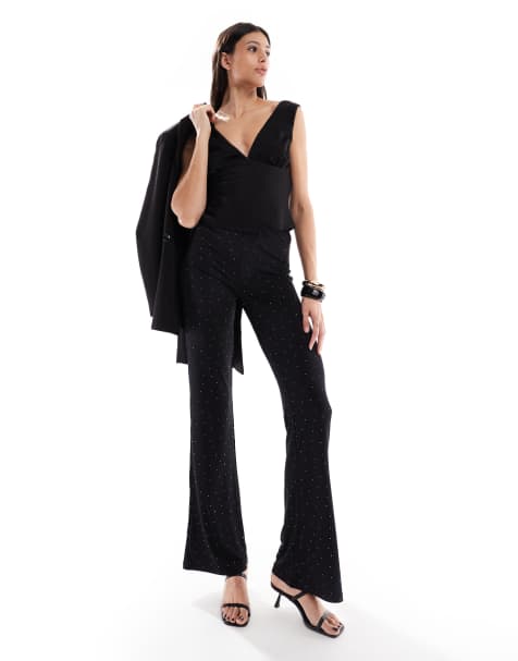 ONLY Tall rhinestone flared pants in black - view 1
