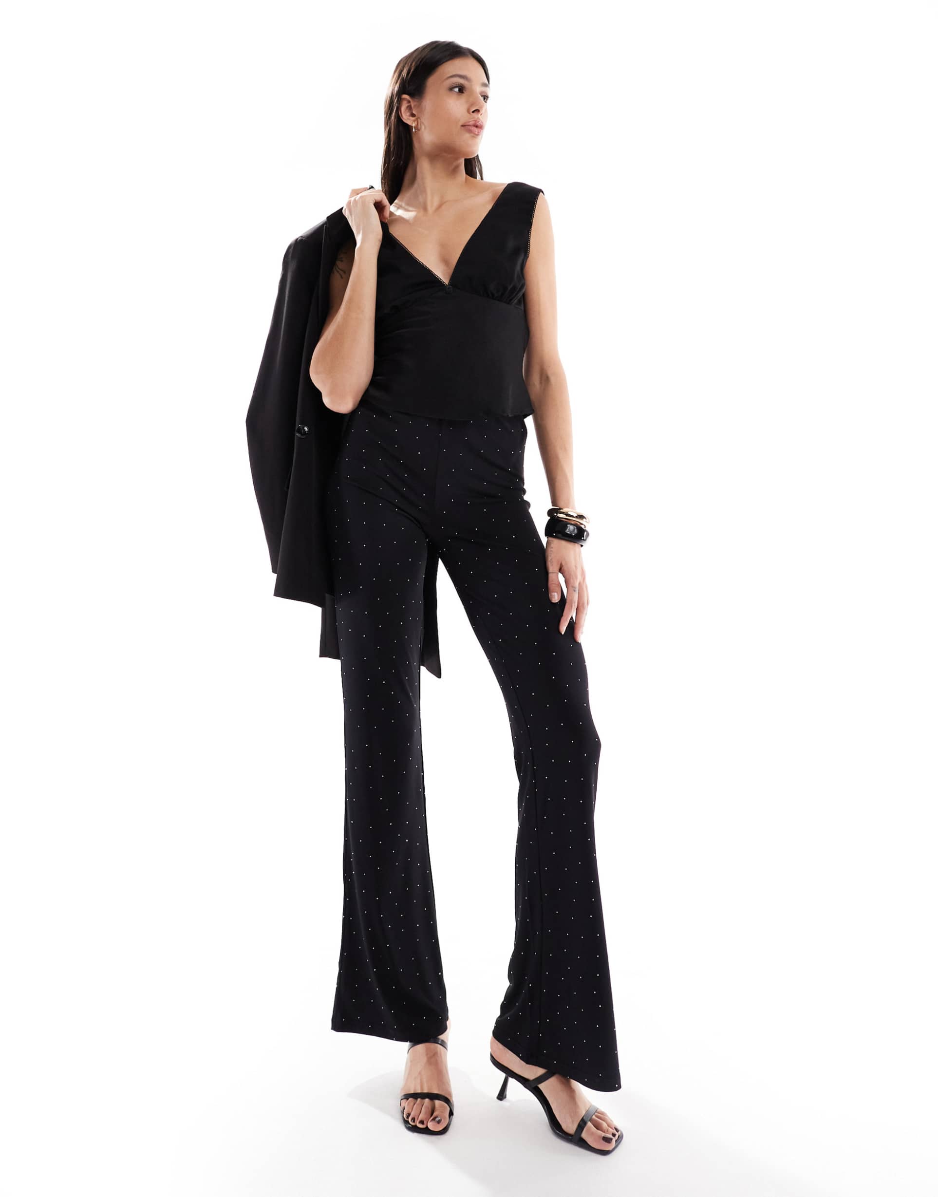 only tall rhinestone flared pants in black