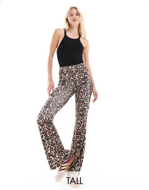 ONLY Tall ribbed flare trousers in leopard print   - BROWN - view 1