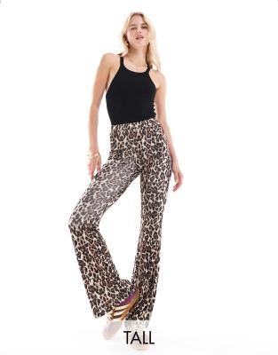 Only Tall Ribbed Flared Pants In Leopard Print-brown