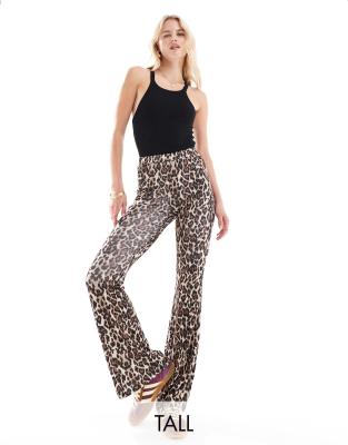 Only Tall ONLY Tall ribbed flared trousers in leopard print-Brown