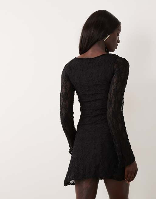 ONLY Tall robe courte en dentelle à manches longues en noir, 4 de 4