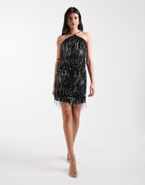 ONLY Tall - Robe courte ornée de franges et sequins avec dos nu - Noir - view 1