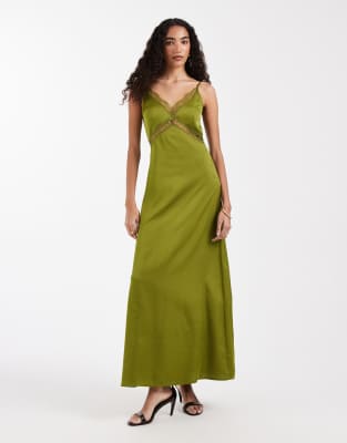 Robe longue effet satin avec détail en dentelle - Olive-Vert 36
