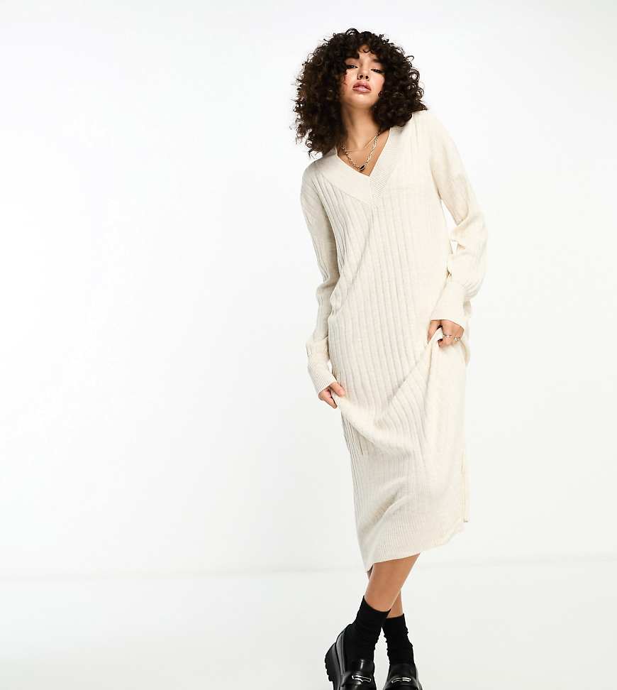 Robe longue en maille à col en V - Crème-Blanc 34