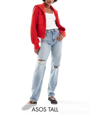 Only Tall - Robyn - Gerade geschnittene Jeans in hellblauer Waschung mit Used-Optik