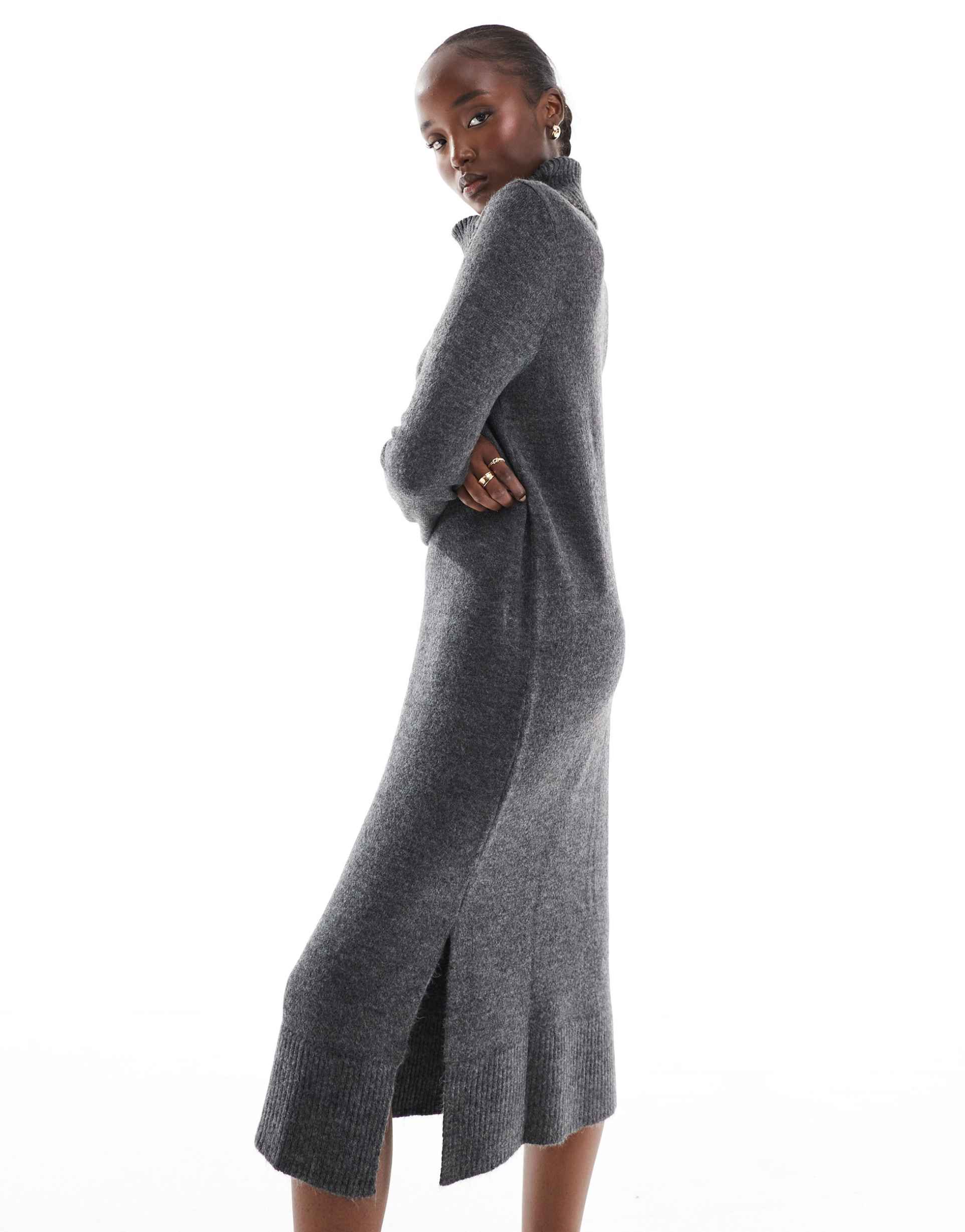 only tall roll neck midi sweater dress in dark gray melange