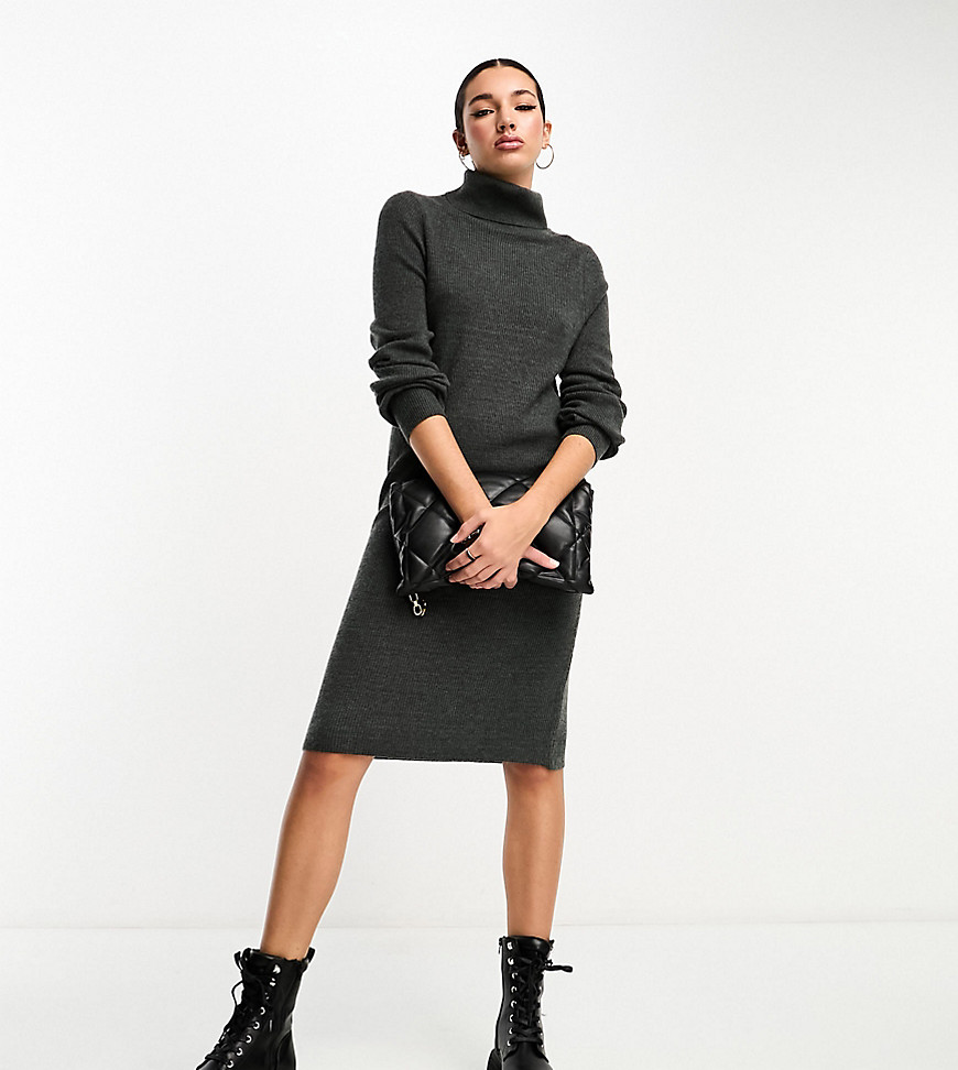 ONLY Tall roll neck puff sleeve knitted midi jumper dress in charcoal-Grey