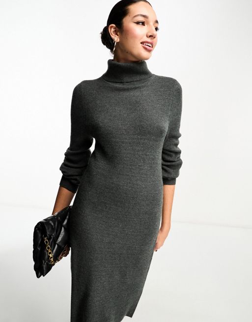 Women's Charcoal Knit Coat, White Sweater Dress, Black Leggings, Tan Uggs