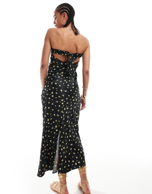 ONLY Tall Satijnen maxi bandeau jurk in zwart met gele bloemen