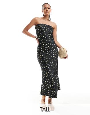 Only Tall Satin Bandeau Maxi Dress In Black With Yellow Floral