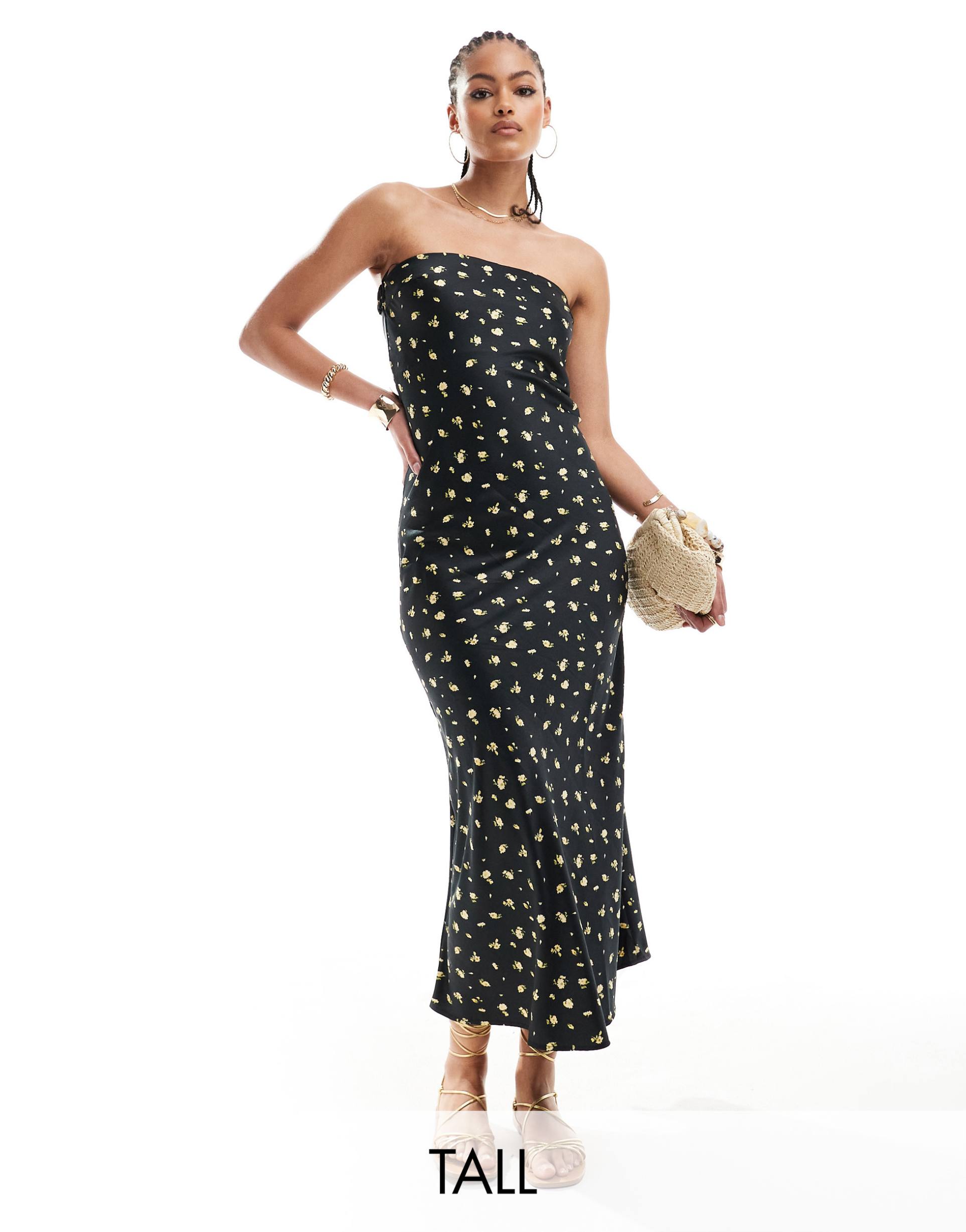 only tall satin bandeau maxi dress in black with yellow floral