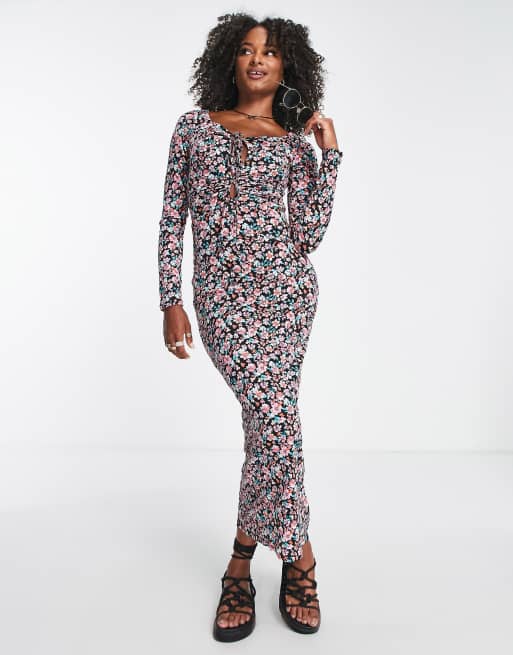 Only Tall – Schwarz geblümtes Bodycon-Kleid mit Bindedetail vorne, 4 von 4