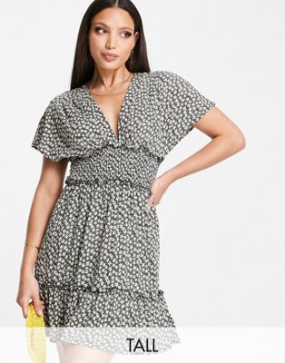 Only Tall shirred plunge neck mini dress in daisy print-Multi