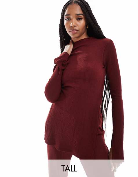 ONLY Tall side split textured top in burgundy (part of a set) - view 1