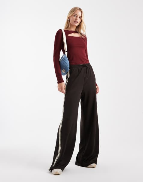 ONLY Tall side stripe wide leg trouser in chocolate brown - view 1