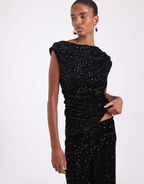 ONLY Tall slash neck ruched sequin top co-ord in black - view 1