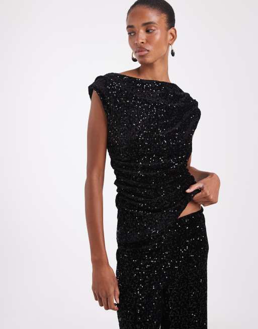 ONLY Tall slash neck ruched sequin top & straight leg pants set in black, 3 of 3