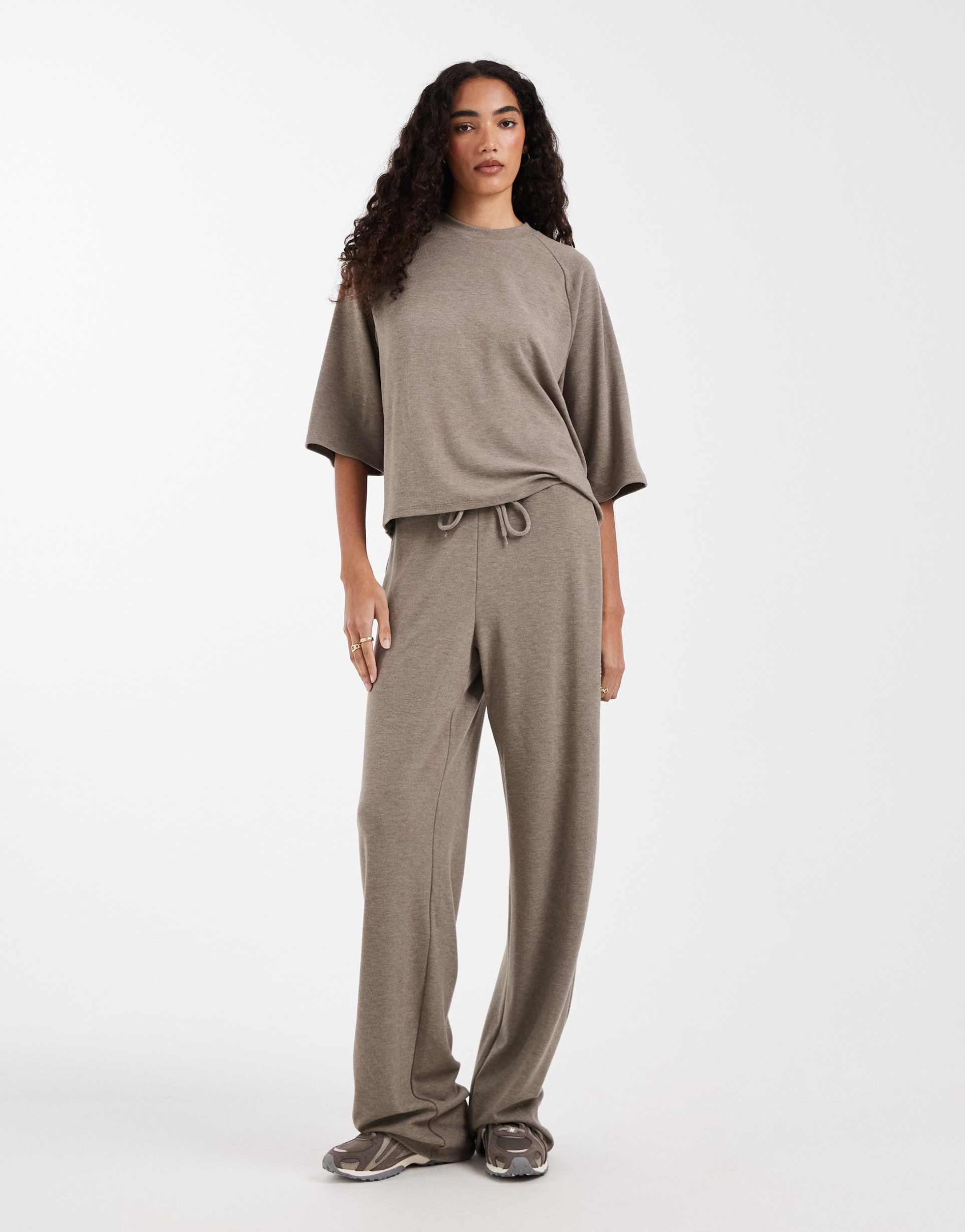 only tall soft texture wide leg pants in light brown - part of a set
