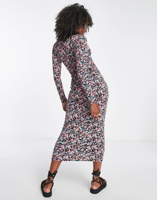 Only Tall - Sort bodycon-maxikjole med bindedetalje og blomstermønster, 2 af 4