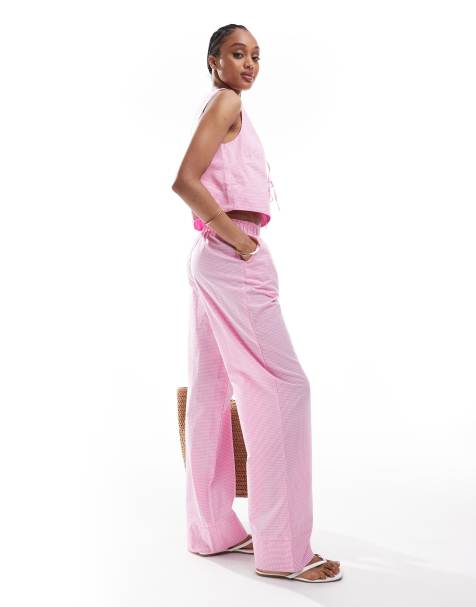 ONLY Tall wide leg boxer detail trousers co-ord in pink gingham