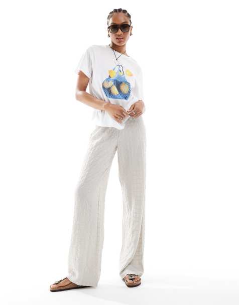 ONLY Tall seersucker wide leg trousers in stone
