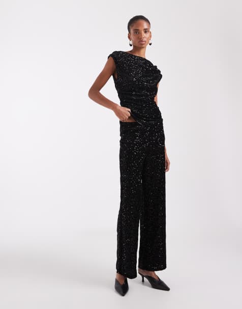 ONLY Tall straight leg sequin trouser co-ord in black - view 1