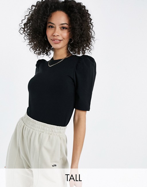 Only Tall t-shirt with gathered puff sleeves in black