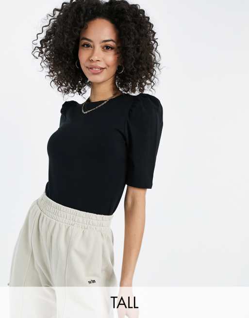 Only Tall T-shirt with gathered puffed sleeves in black