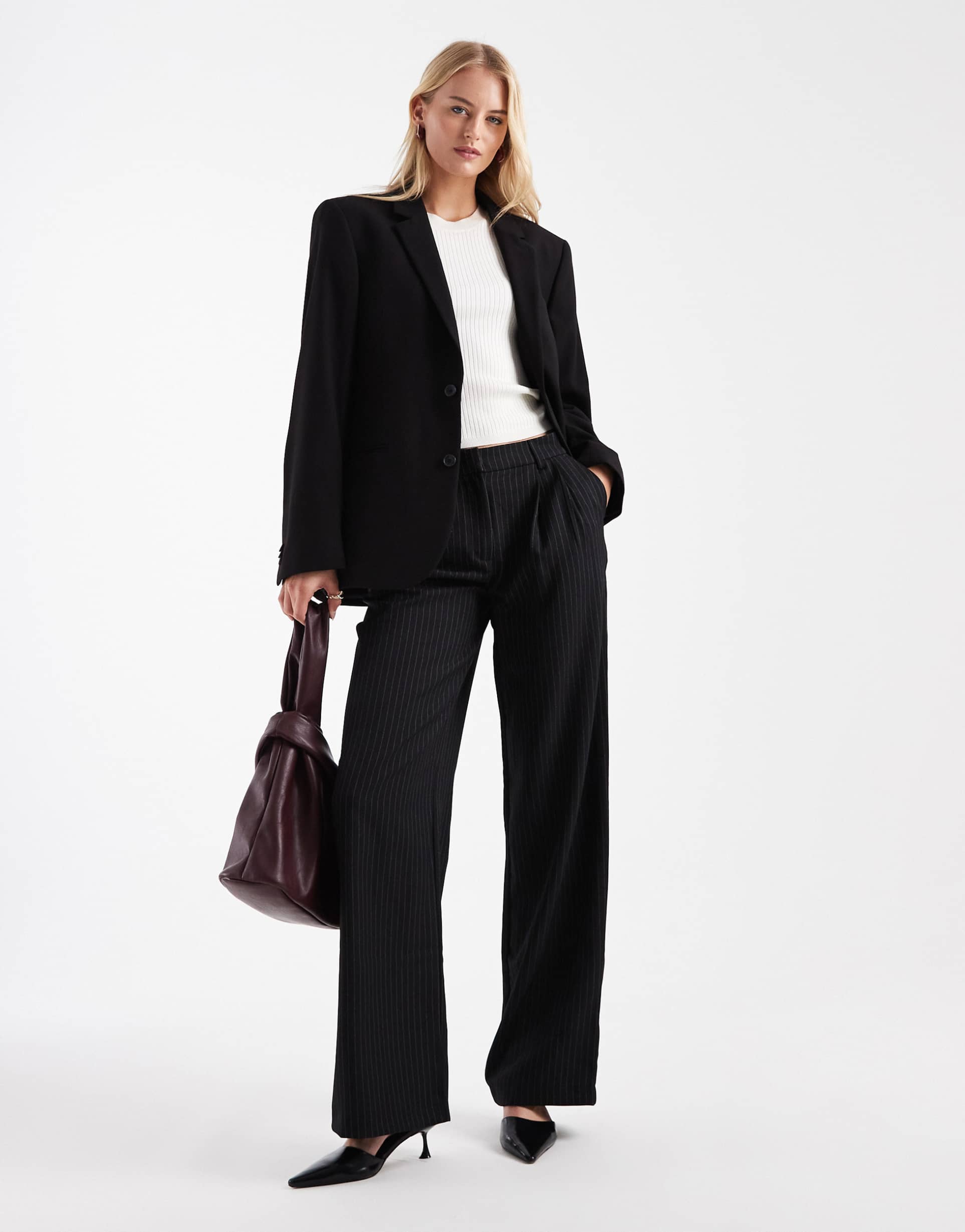 only tall tailored wide leg pants in black pinstripes