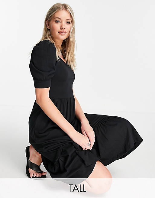 Only Tall tea dress with puff sleeve in black